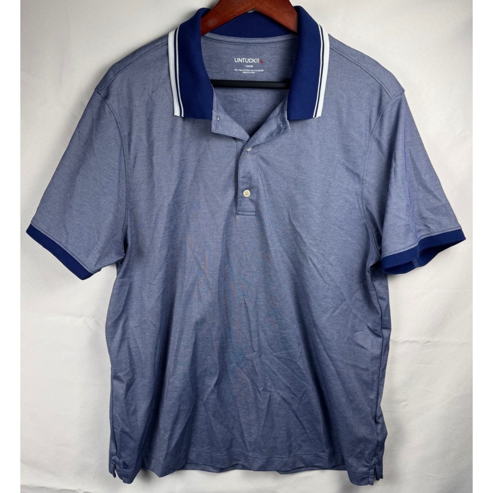 UNTUCKit Mens Day Polo Shirt Blue Heathered Pima Cotton Regular Fit 42037 L